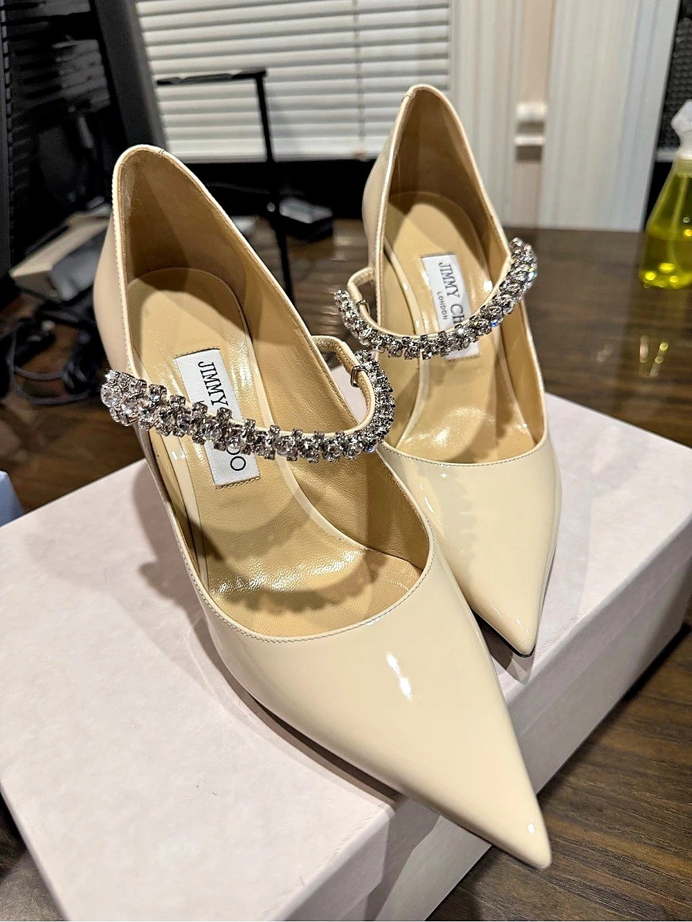 Jimmy Choo Bing Patent Leather Mules with Crystal Strap in Cream
